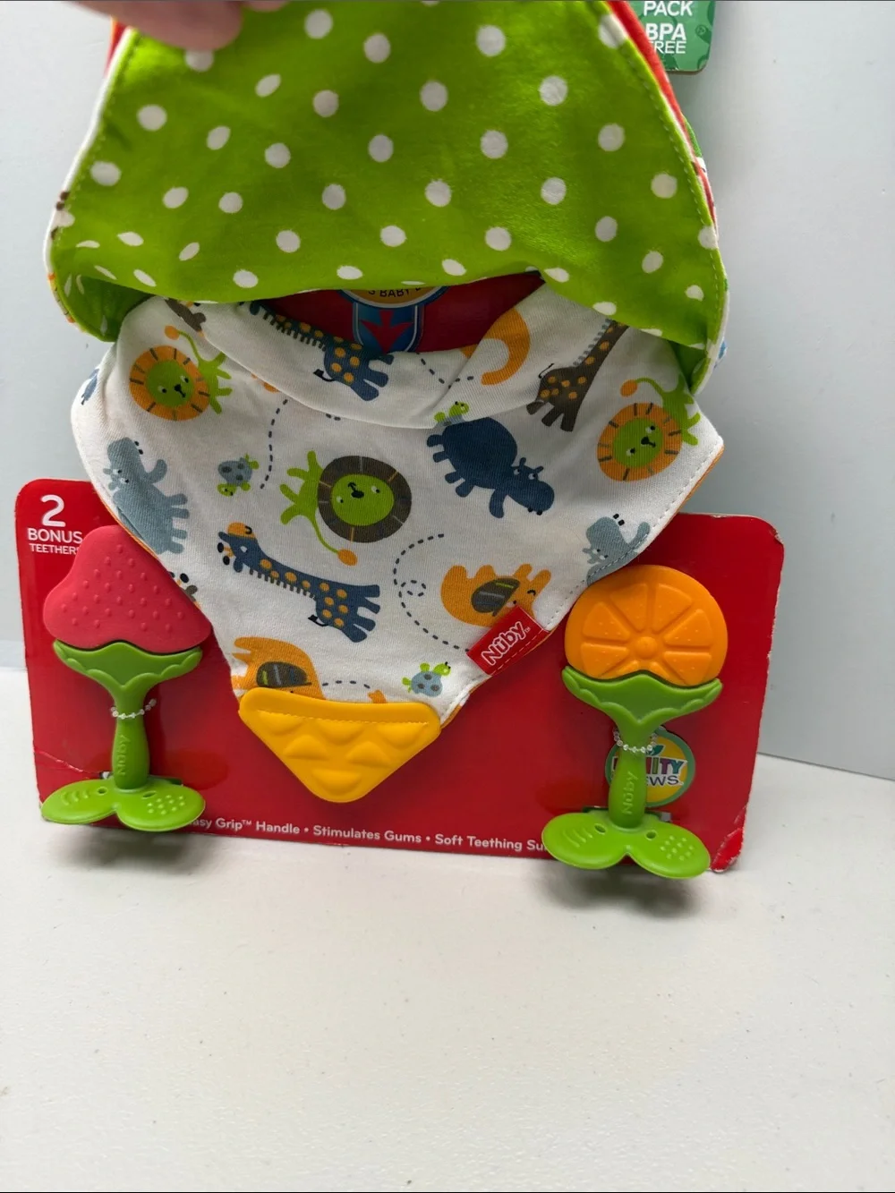 Nuby Kids Owl Teething Bib with Colorful Owl Print - Multicolor with tethers